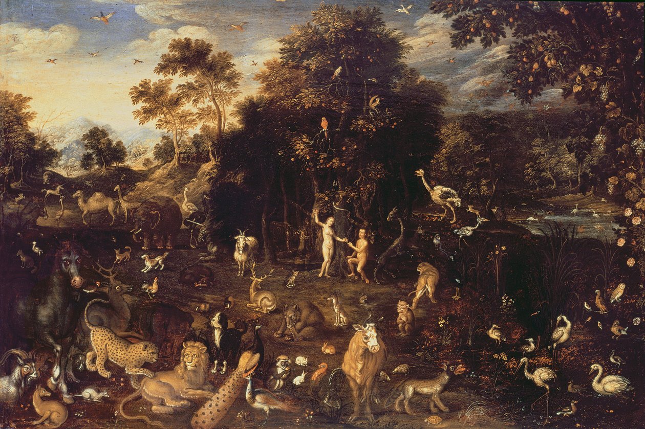 Der Garten von Eden mit Adam und Eva von Isaak van Oosten